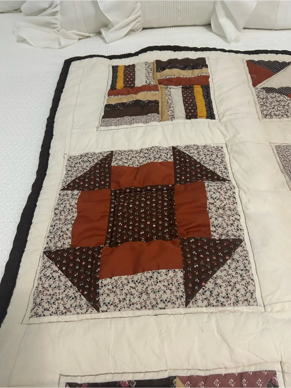 Handmade Patchwork Crib Quilt. Cream with Brown, Rust and Mustard Accent